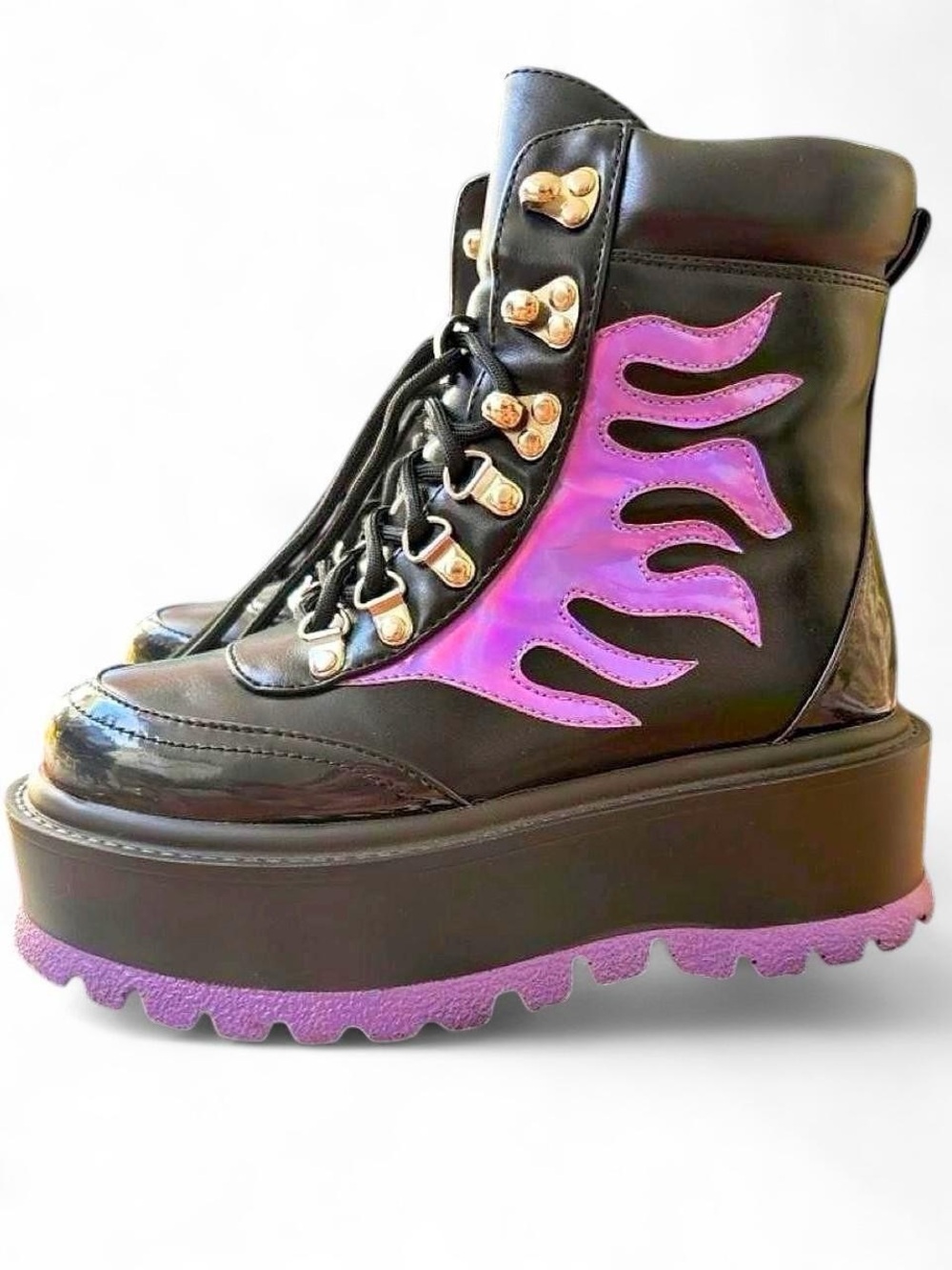 Platform Lace-Up Boots with Purple Flame Accent